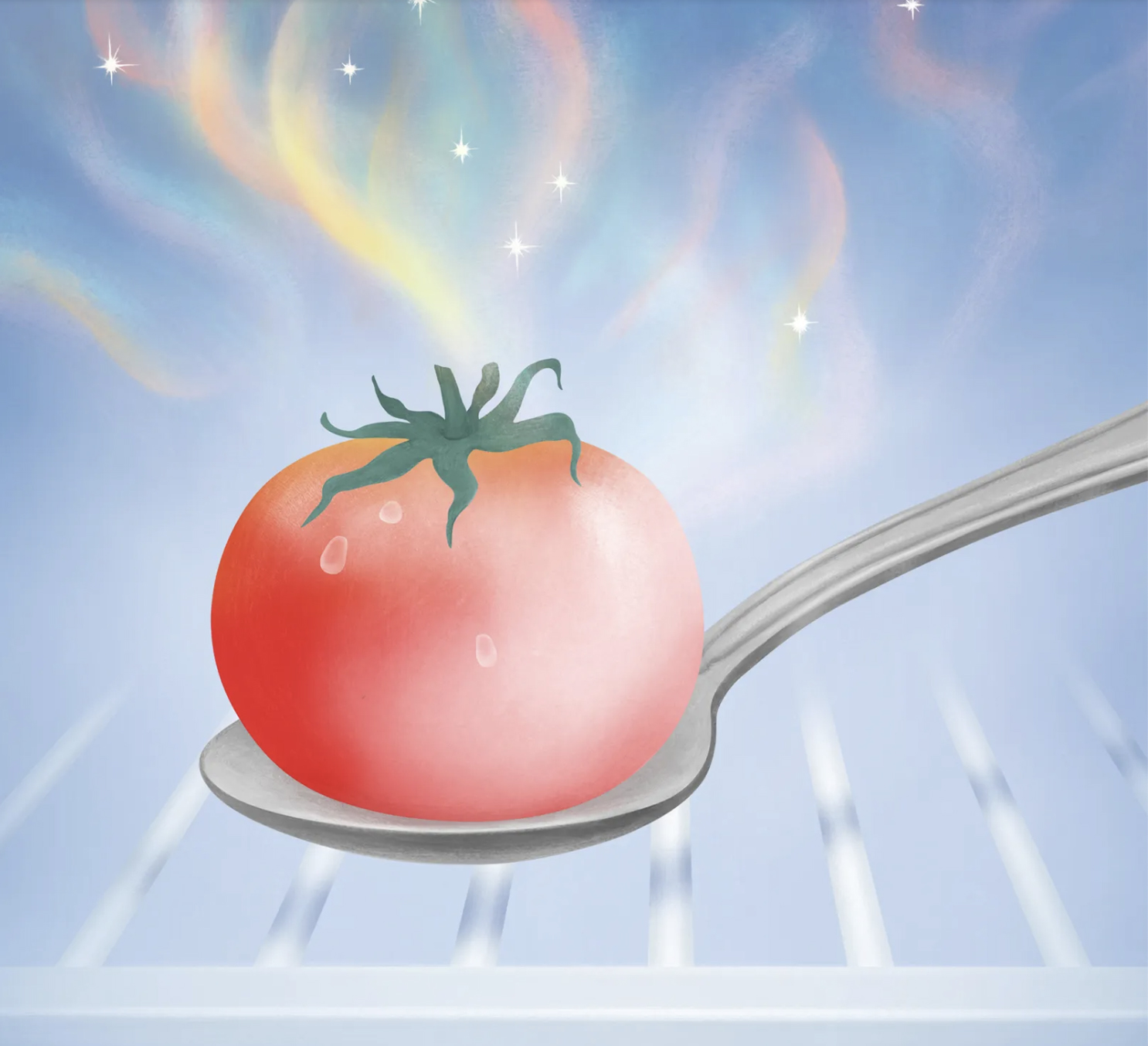 Illustration of a Tomato in a Fridge